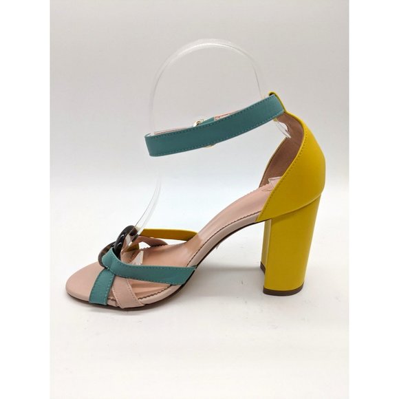 J.Crew Stella Heels with Tortoise Ring Sandals 6 Colorblock Blue/Yellow; - Picture 2 of 11